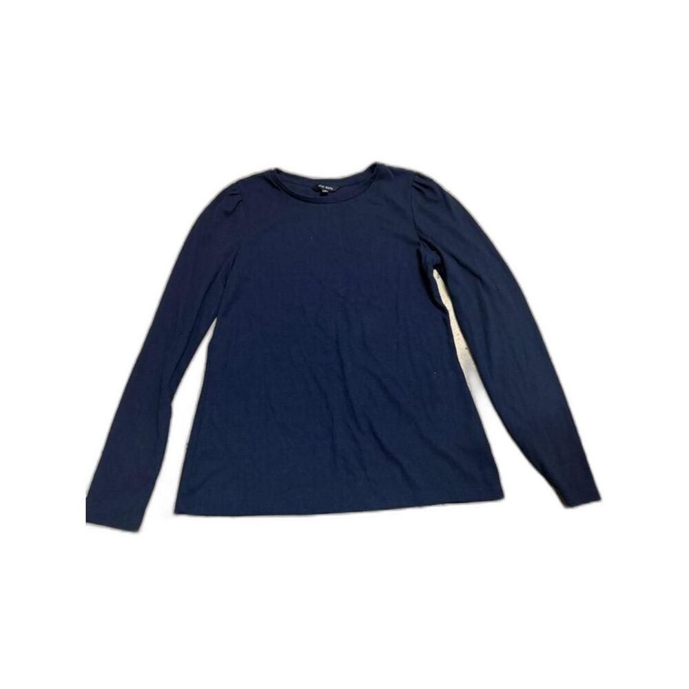 Classic navy crewneck with long sleeves. Lightweight knit for easy layering